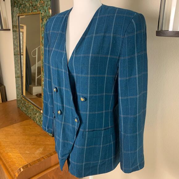 Vintage Le Suit Size 10 Double Breasted Blazer Jacket Plaid Blue Preppy Work - Picture 1 of 6